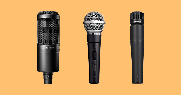 Audio Technica's AT2020 (left), Shure's SM58 (center), and Shure's SM57 (right).