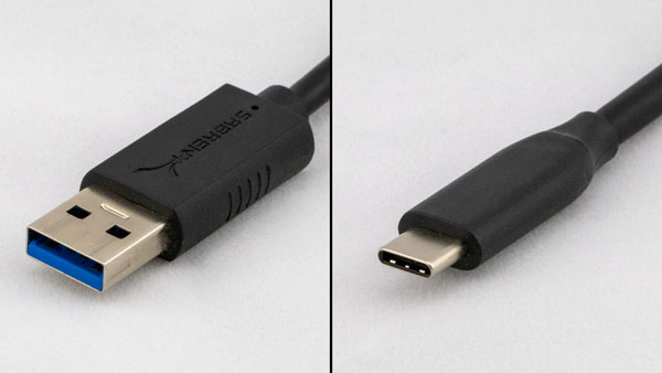 An image of a male USB-A connector (left) and a male USB-C connector (right).