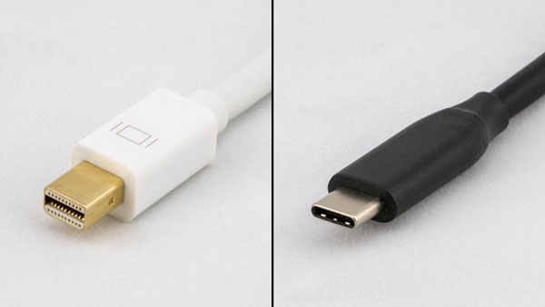 An image of a male Thunderbolt 1/2 connector (left) and a male USB-C connector (right).