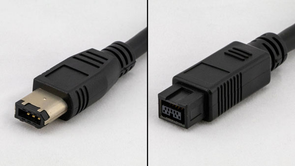 An image of a male FireWire 400 connector (left) and a male FireWire 800 connector (right).