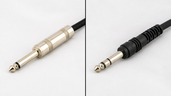 An image of a male TS connector (left) and a male TRS connector (right).